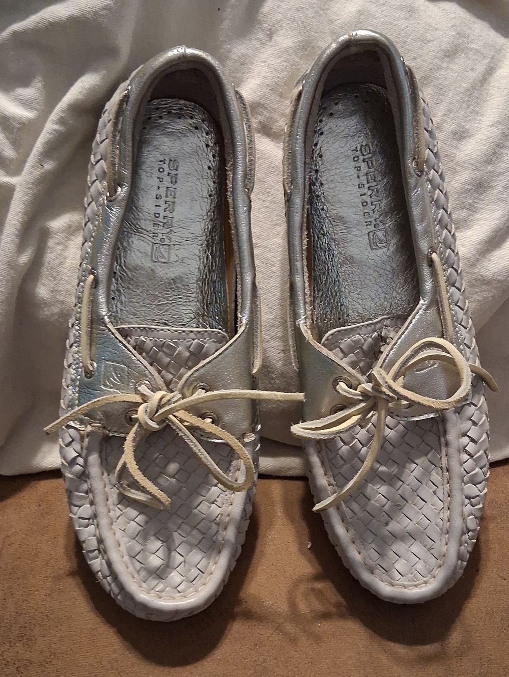 Sperry Women's Woven Leather Moccasins in Light Gray with Tan Laces